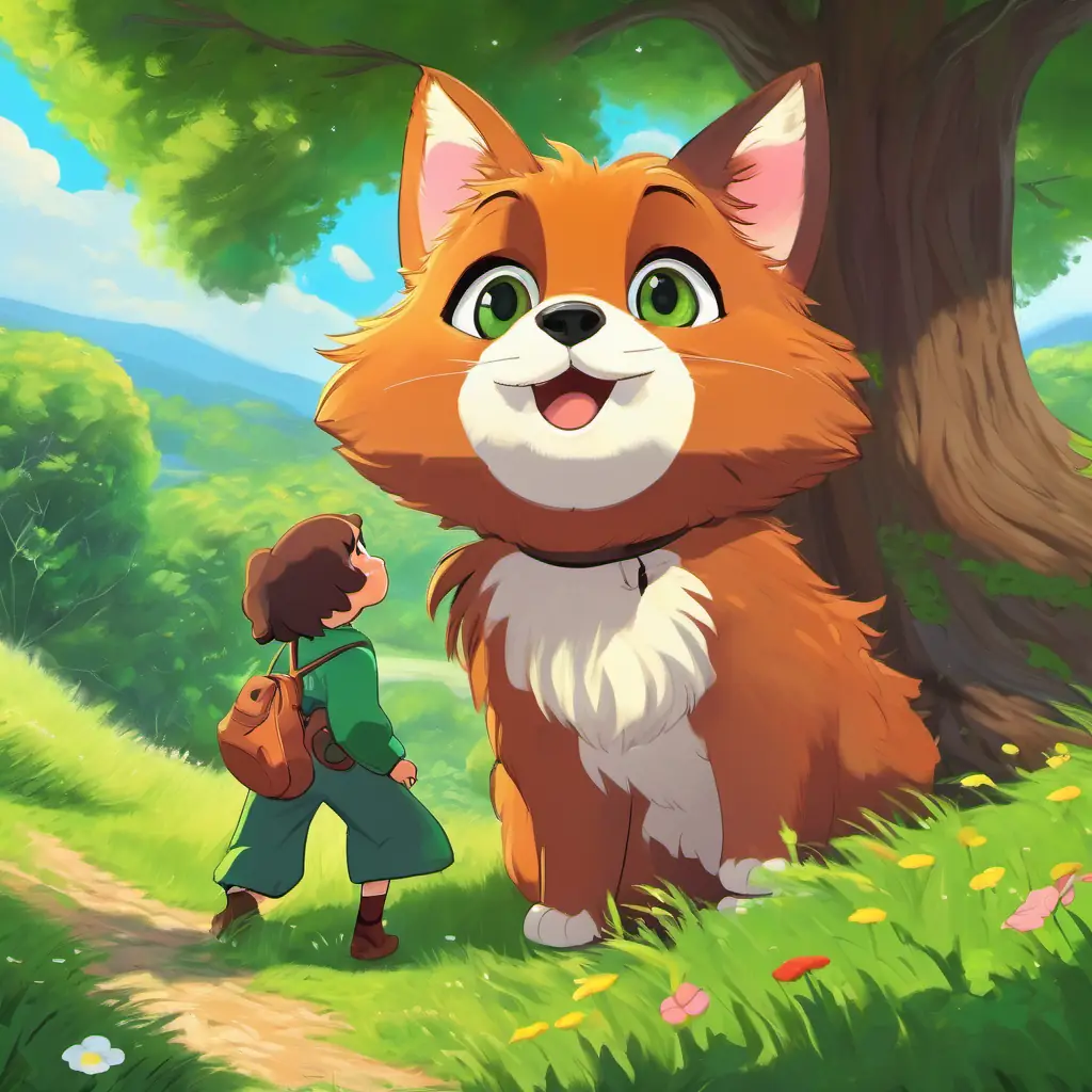 Rosie has brown fur and sparkly eyes and Timmy is green with a big, friendly smile playing near a big tree, spotting a distant flower while looking excited.