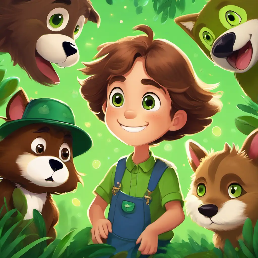 Rosie has brown fur and sparkly eyes and Timmy is green with a big, friendly smile looking worried, with Timmy is green with a big, friendly smile smiling and assuring Rosie has brown fur and sparkly eyes.
