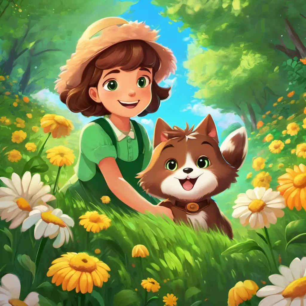 Rosie has brown fur and sparkly eyes hopping with Timmy is green with a big, friendly smile on her back, working together to reach the flower.