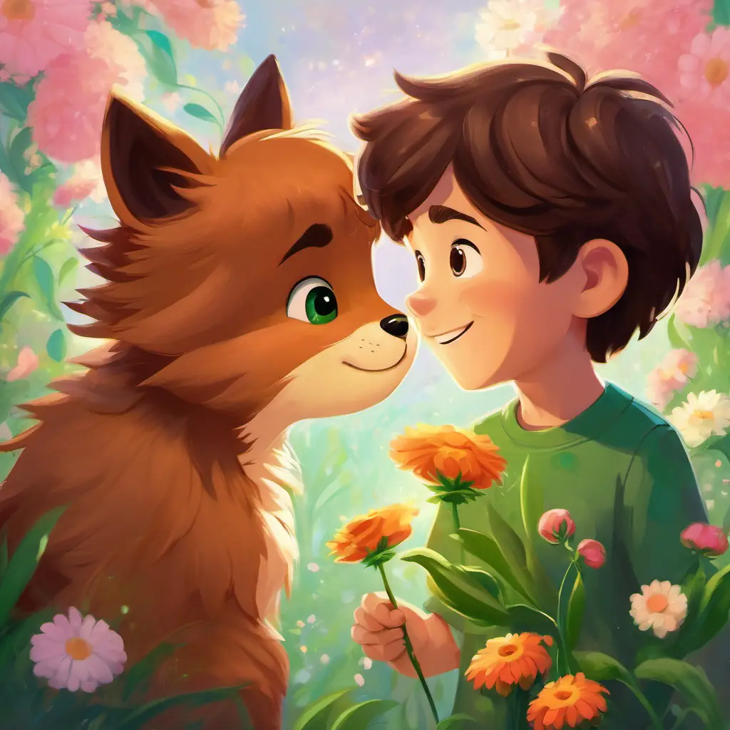 Rosie has brown fur and sparkly eyes and Timmy is green with a big, friendly smile happily looking at the flower, realizing the power of their friendship.