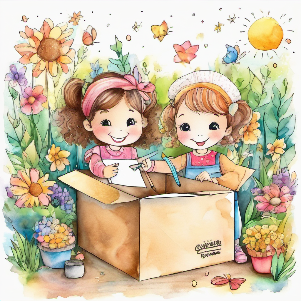Happy Happy girlren drawing and coloring with the box. drawing and coloring with the box
