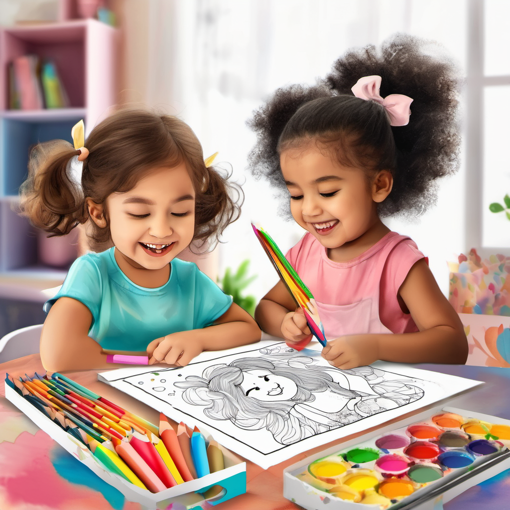 Happy Happy girlren drawing and coloring with the box. being responsible with their coloring box