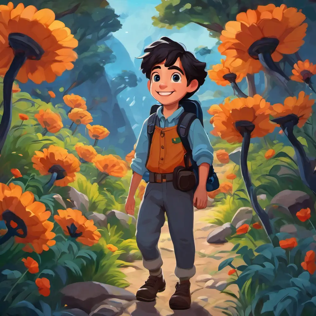 Dark-haired explorer with bright blue eyes and a kind smile walking with wide eyes, amazed by giant flowers, trees, and rocks.