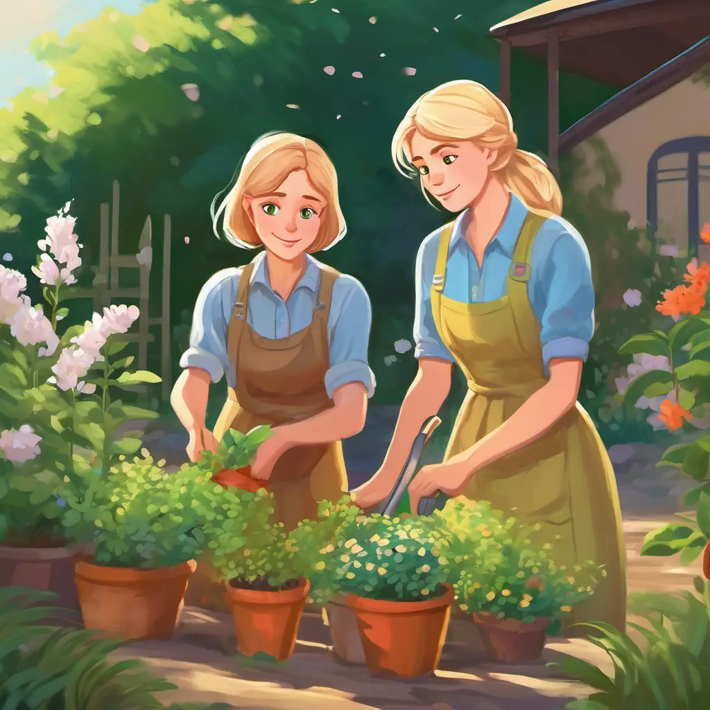 Oldest sister, long brown hair, caring green eyes and Second oldest, short blond hair, inquisitive blue eyes gardening together.