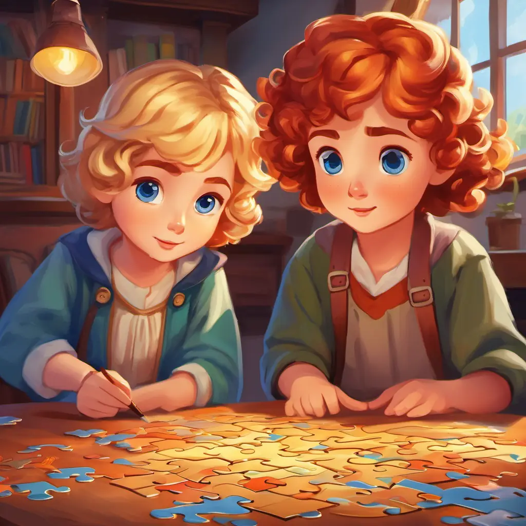 Second oldest, short blond hair, inquisitive blue eyes teaching Middle child, curly red hair, bright brown eyes about puzzles indoors.