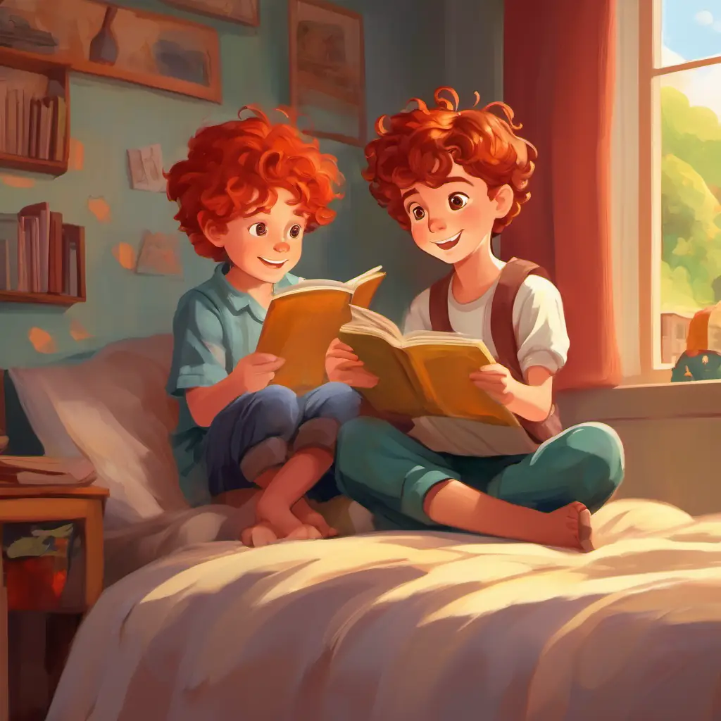 Middle child, curly red hair, bright brown eyes reading a story to Youngest brother, brown hair, joyful hazel eyes in their bedroom.