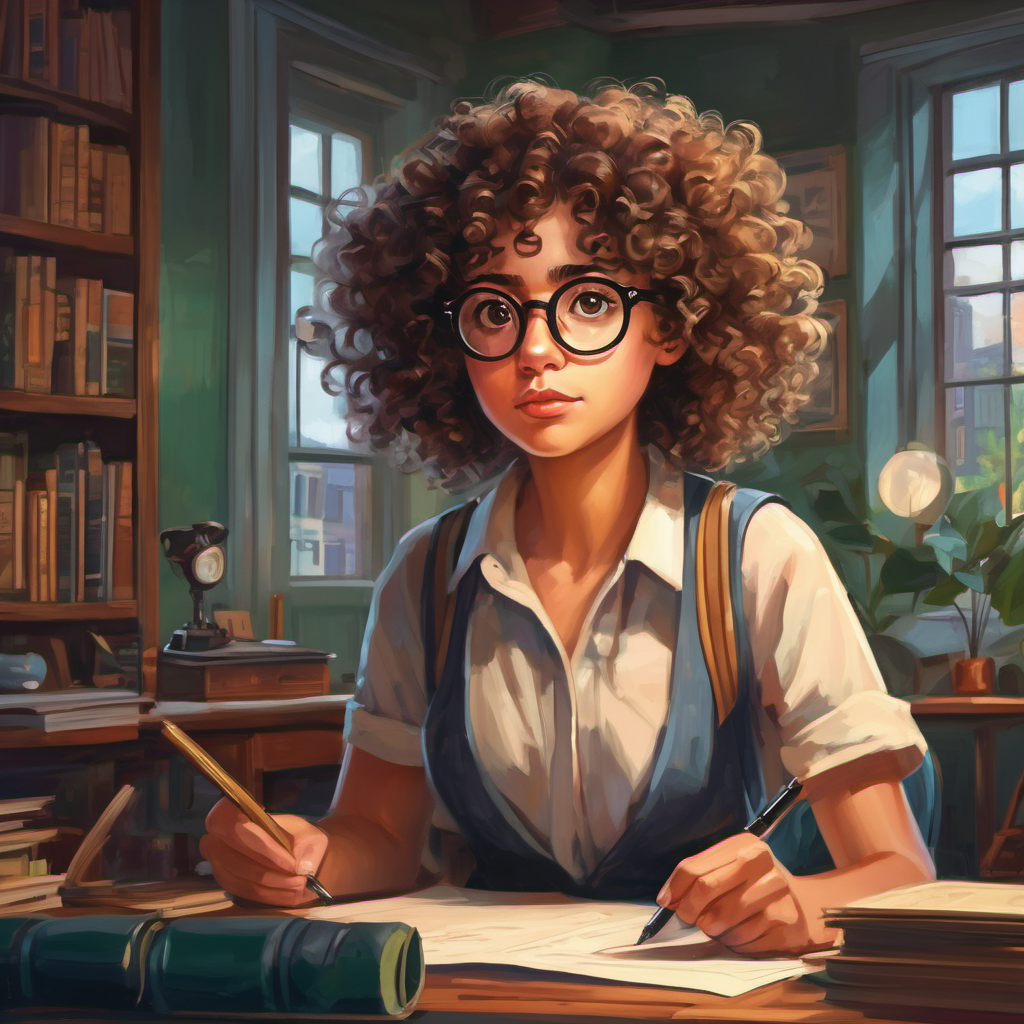 Curly-haired girl with a determined expression, wearing glasses and Mr Johnson solving the apartment's mystery