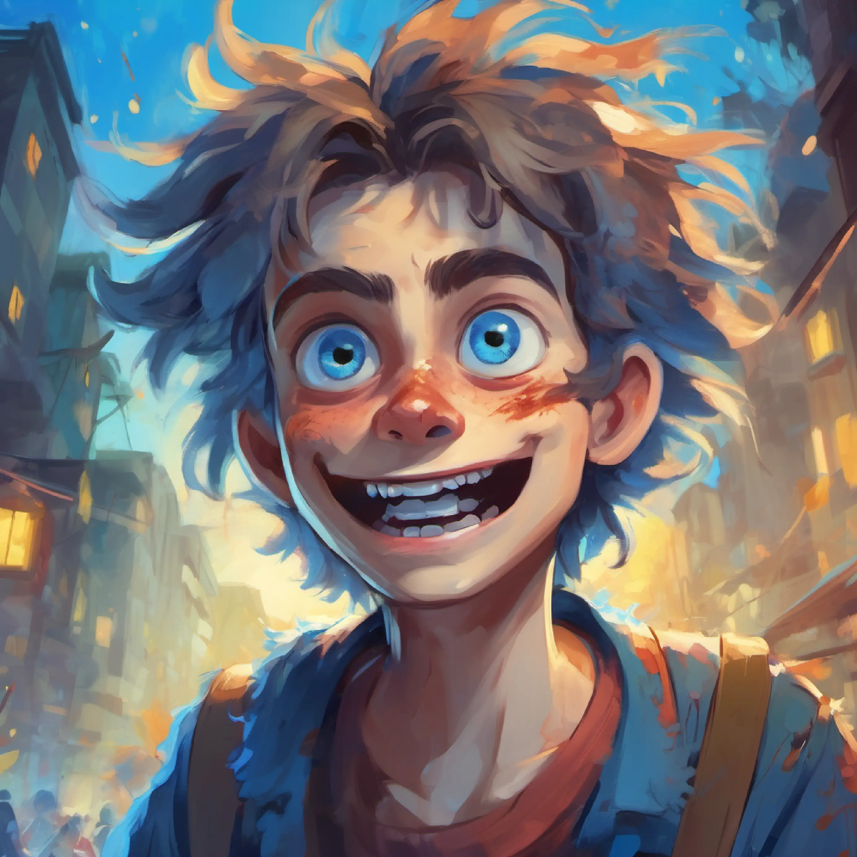 Introduction of Zombie with a friendly smile, sparkling blue eyes, messy hair in a dramatic encounter.