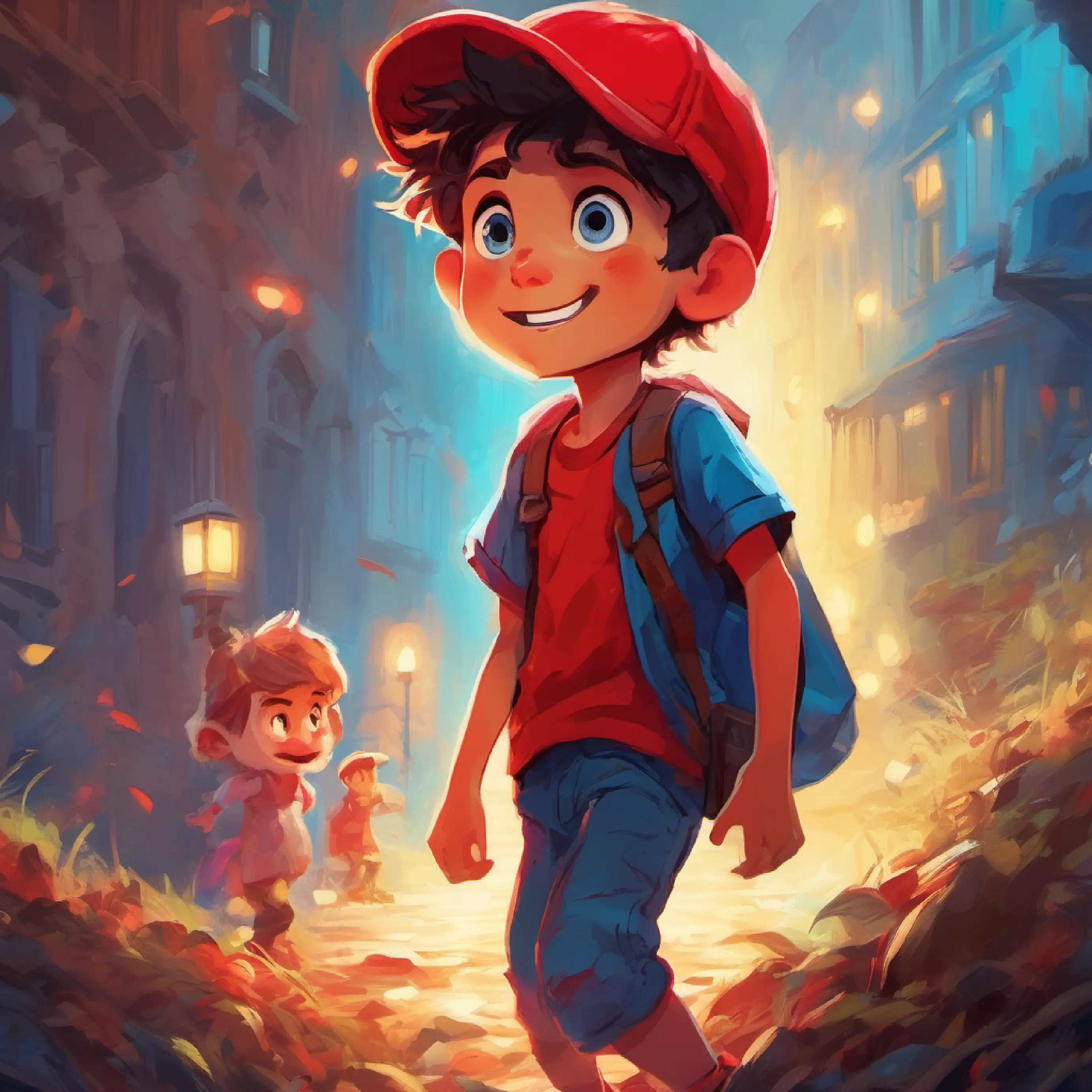 Tense moment where Boy with brave heart, wearing a red cap, curious eyes faces Zombie with a friendly smile, sparkling blue eyes, messy hair.