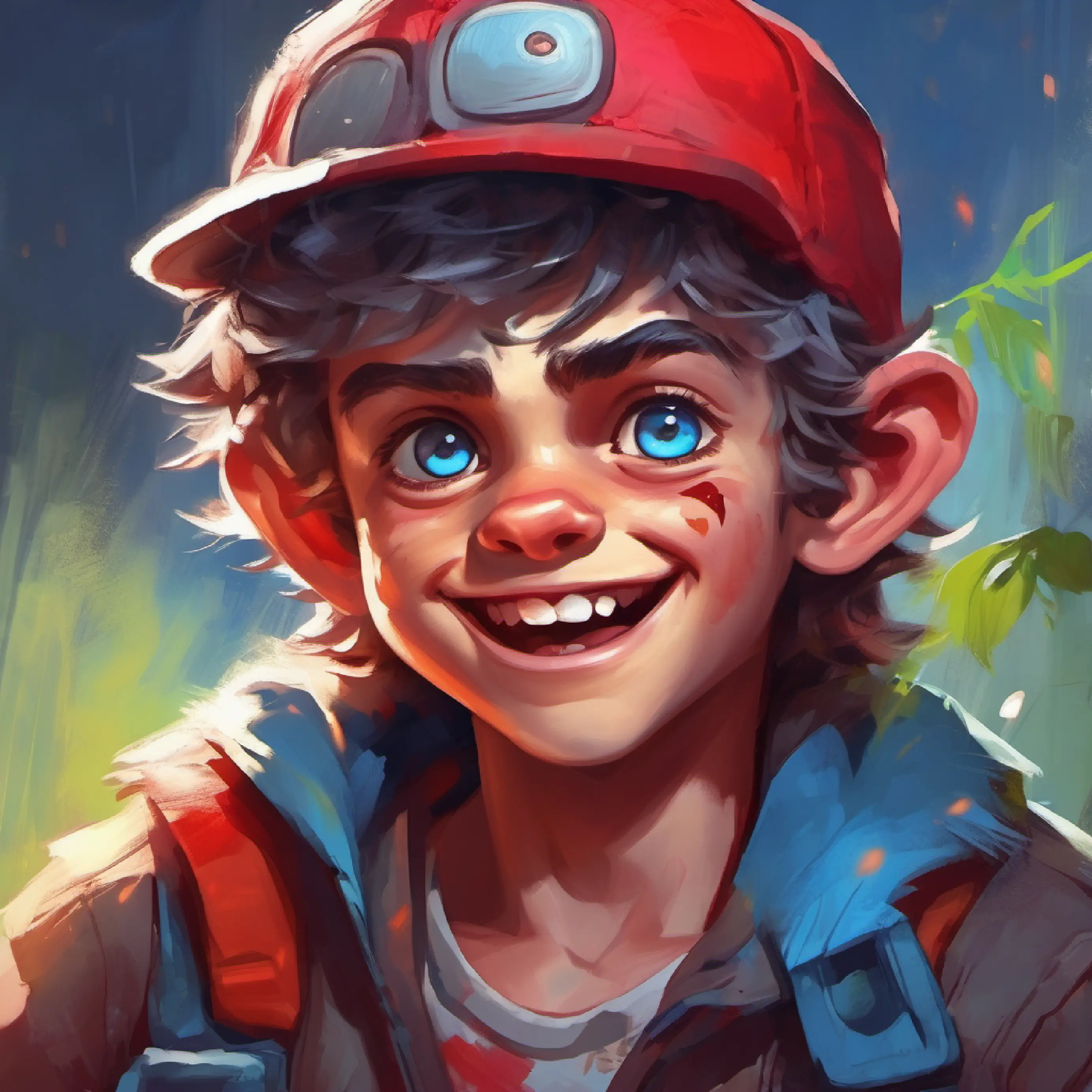 Zombie with a friendly smile, sparkling blue eyes, messy hair protects Boy with brave heart, wearing a red cap, curious eyes from a Gorilla Zombie.