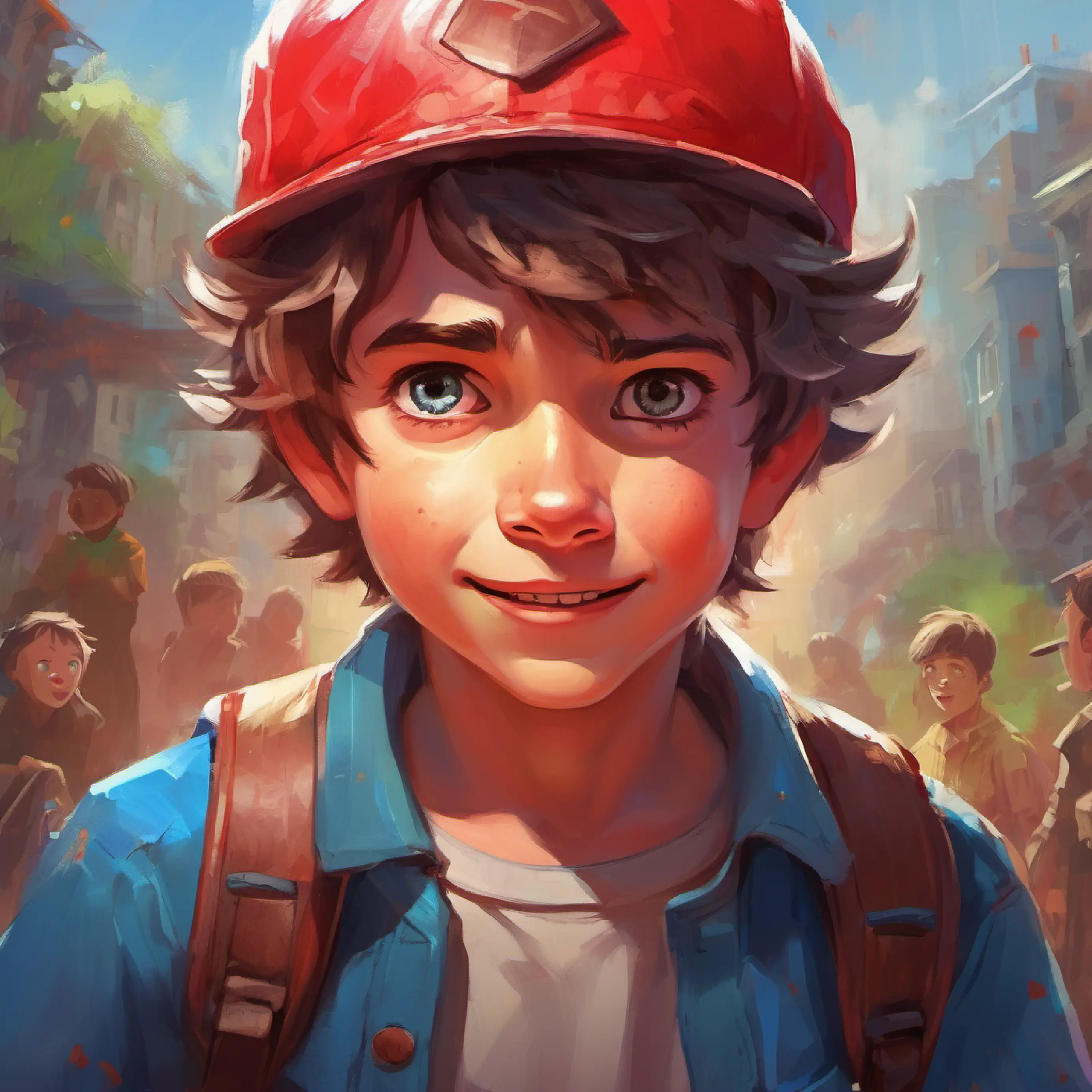 Boy with brave heart, wearing a red cap, curious eyes asks to join Zombie with a friendly smile, sparkling blue eyes, messy hair in her play-world.