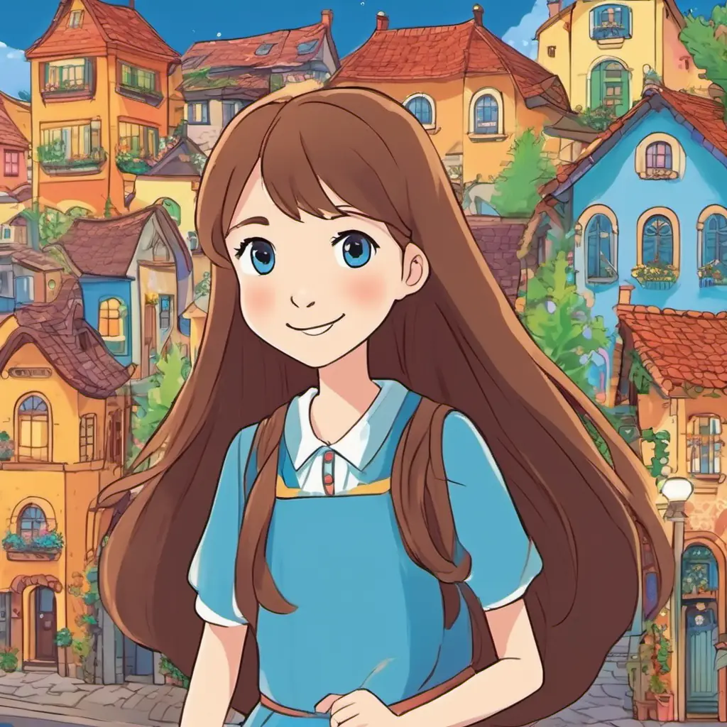 A small town with colorful houses, streets, and smiling people. Lily has long brown hair and sparkling blue eyes, and always wears colorful dresses is a kind-hearted girl with a big smile, long brown hair, and sparkling blue eyes.