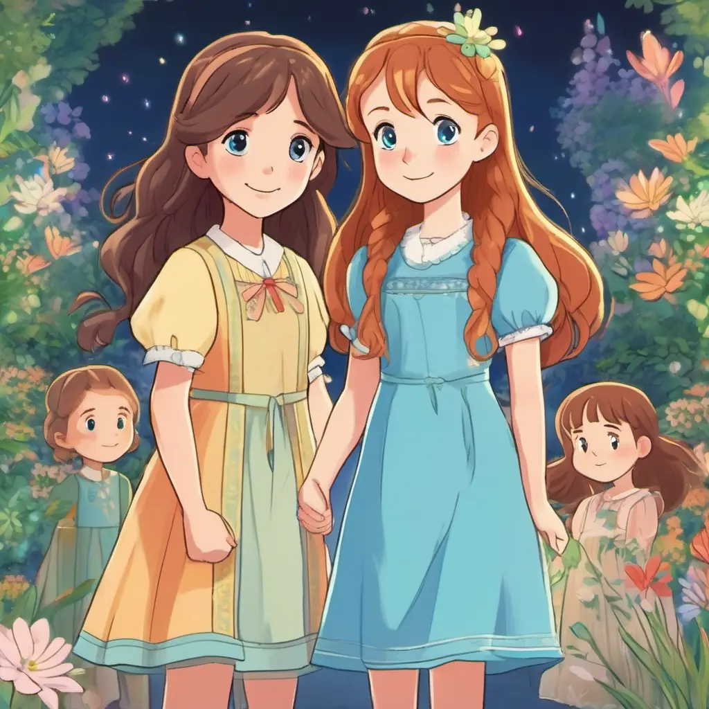 Lily has long brown hair and sparkling blue eyes, and always wears colorful dresses with her friends by her side, facing some people who don't understand her. Show their kind faces, holding hands.