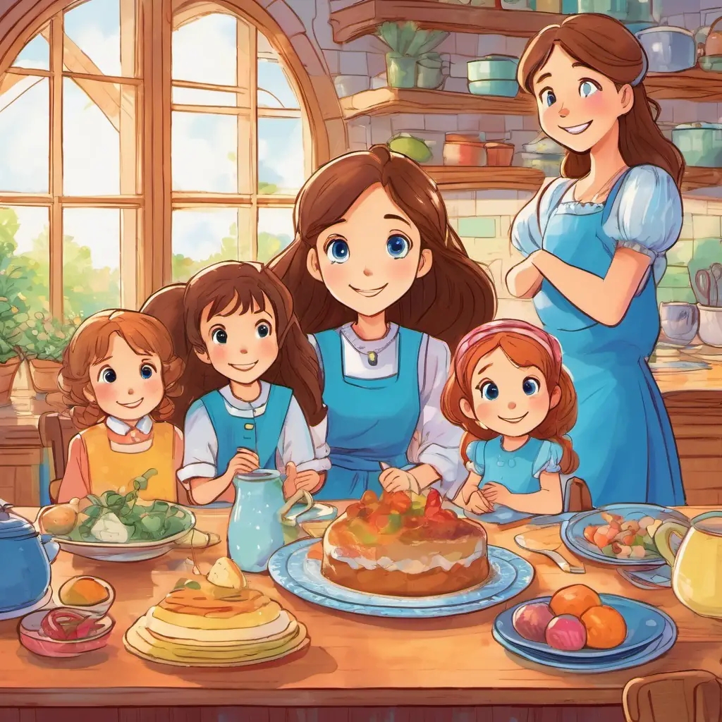 Lily has long brown hair and sparkling blue eyes, and always wears colorful dresses sitting at the kitchen table with her loving family, surrounded by warmth and acceptance.