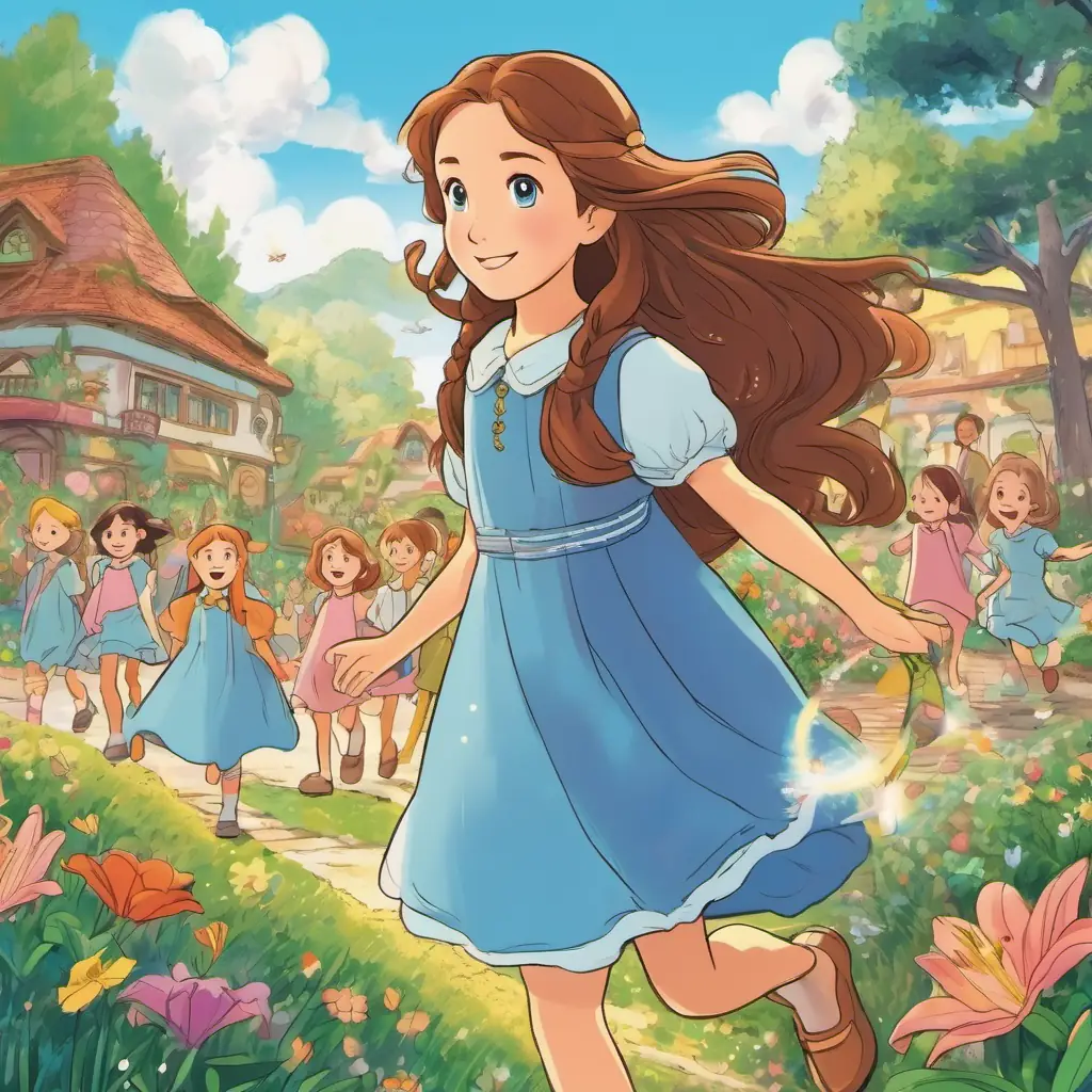 Lily has long brown hair and sparkling blue eyes, and always wears colorful dresses walking happily in her favorite dress, surrounded by smiling kids who wear different clothes.