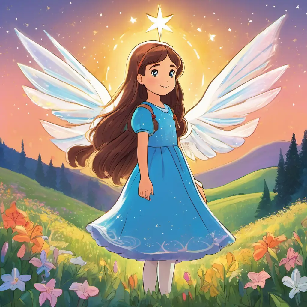 Lily has long brown hair and sparkling blue eyes, and always wears colorful dresses standing on a hill, spreading her wings, with a star shining brightly above her.