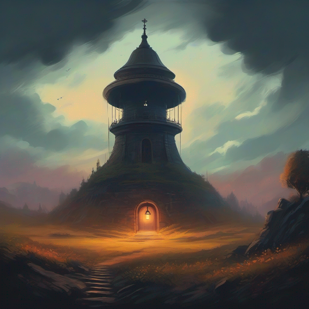 An eerie tower with a foreboding Enormous bell covered in dust and mystery. hanging inside.