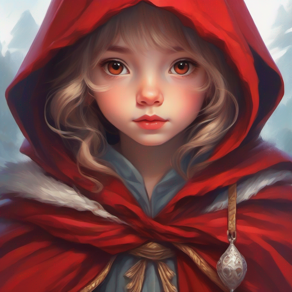 Curious girl with a courageous spirit, wearing a red cloak.'s fearless face covered with a veil of curiosity.