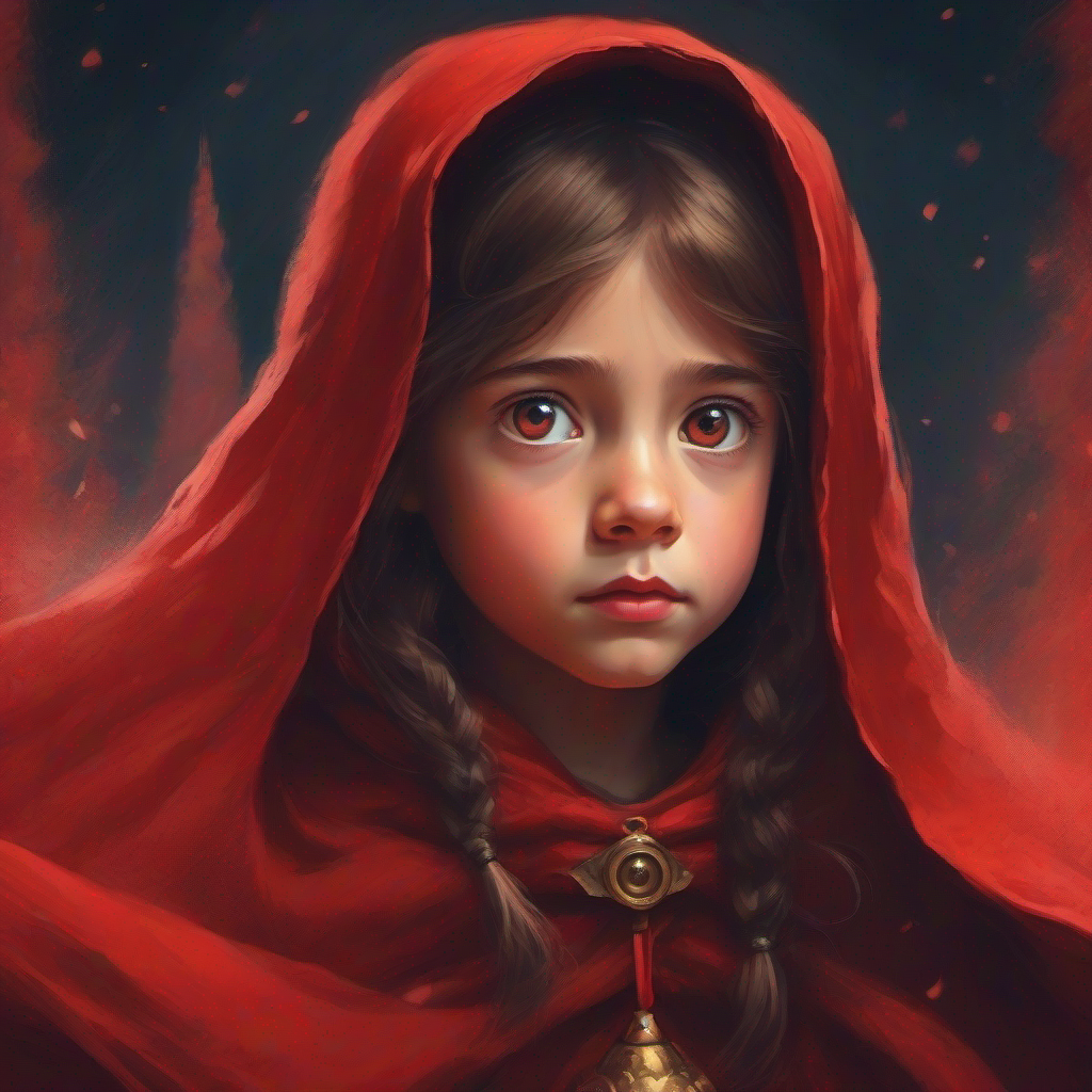 Curious girl with a courageous spirit, wearing a red cloak.'s eyes wide with fear as the Enormous bell covered in dust and mystery. tolls ominously.