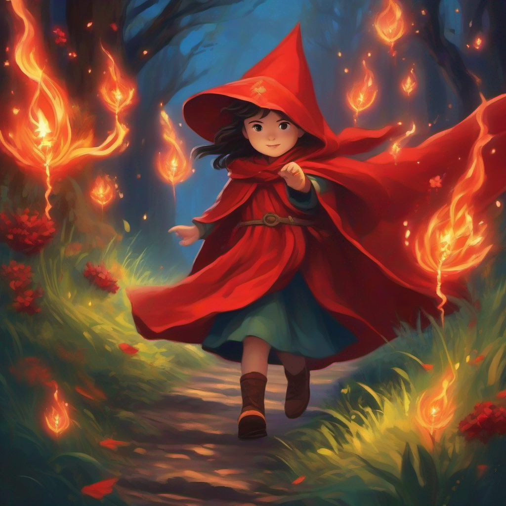 The ancient spell illuminating the path of escape for Curious girl with a courageous spirit, wearing a red cloak..