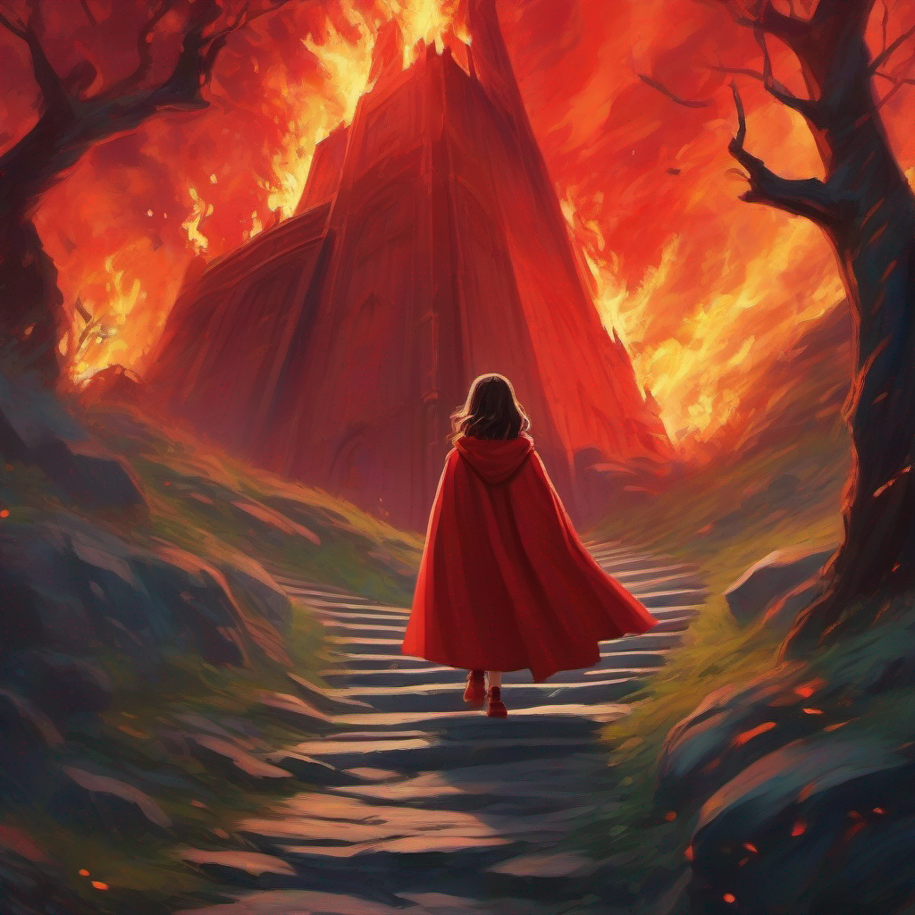 The tower engulfed in flames as Curious girl with a courageous spirit, wearing a red cloak. escapes to safety.