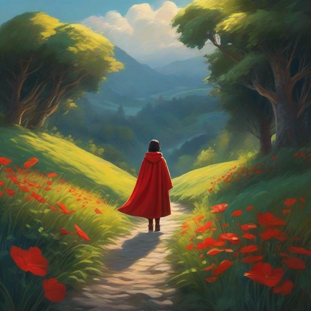 Curious girl with a courageous spirit, wearing a red cloak., the brave heroine who freed the village from fear.