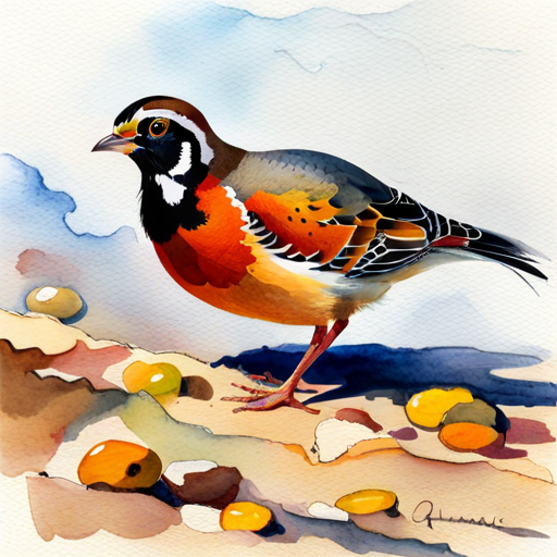 Qhamani, a curious quail, pecking at the ground for food