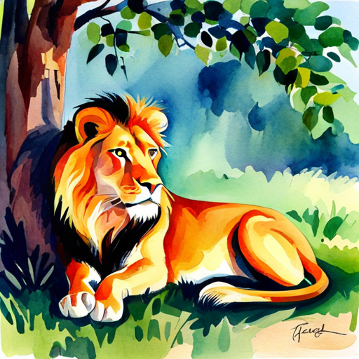  lion, resting under a shady tree