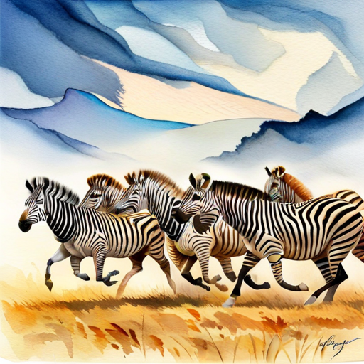 striped zebra, running with its herd on the plains in African savanna