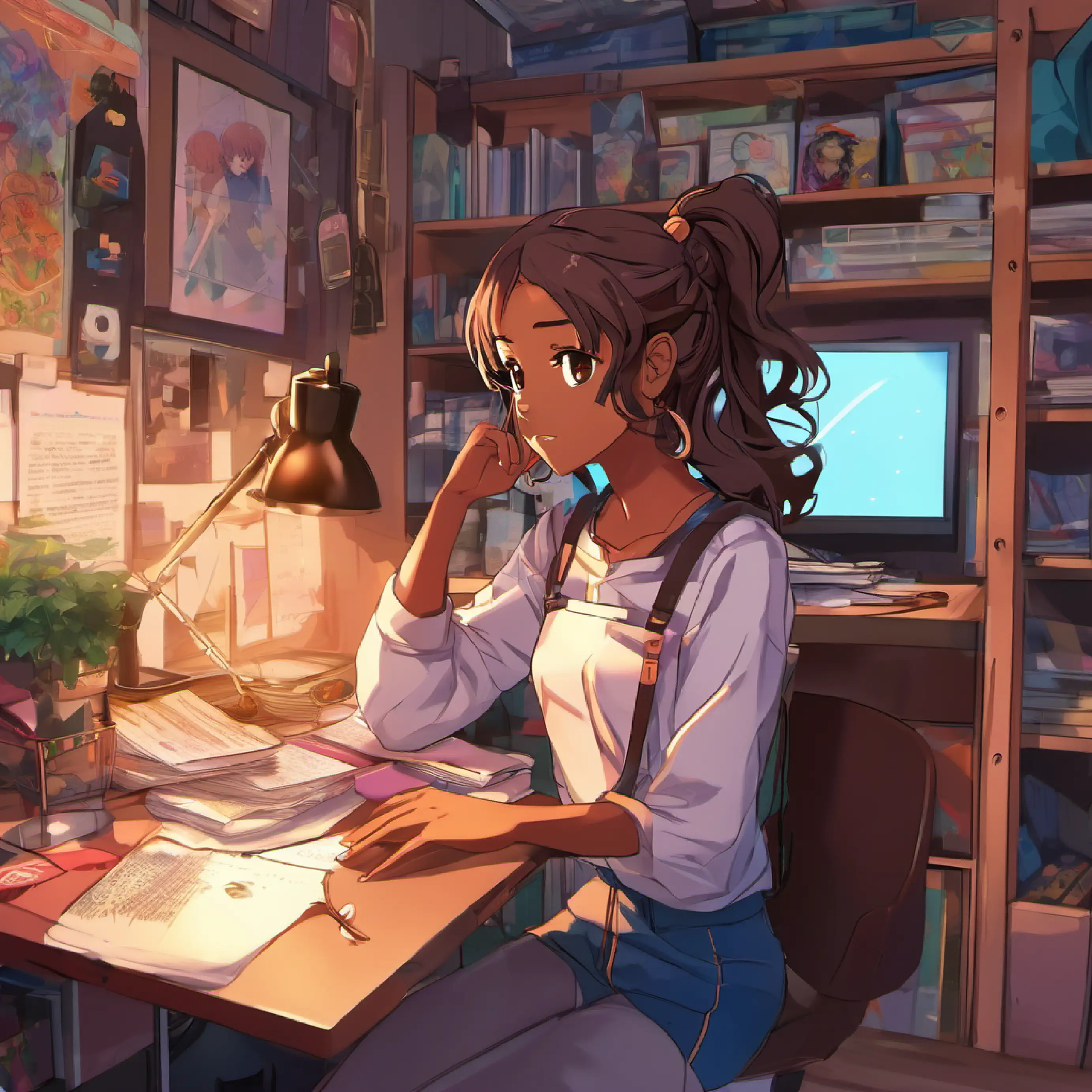 Curious girl, brown skin, dark brown eyes's room, facing her doubts