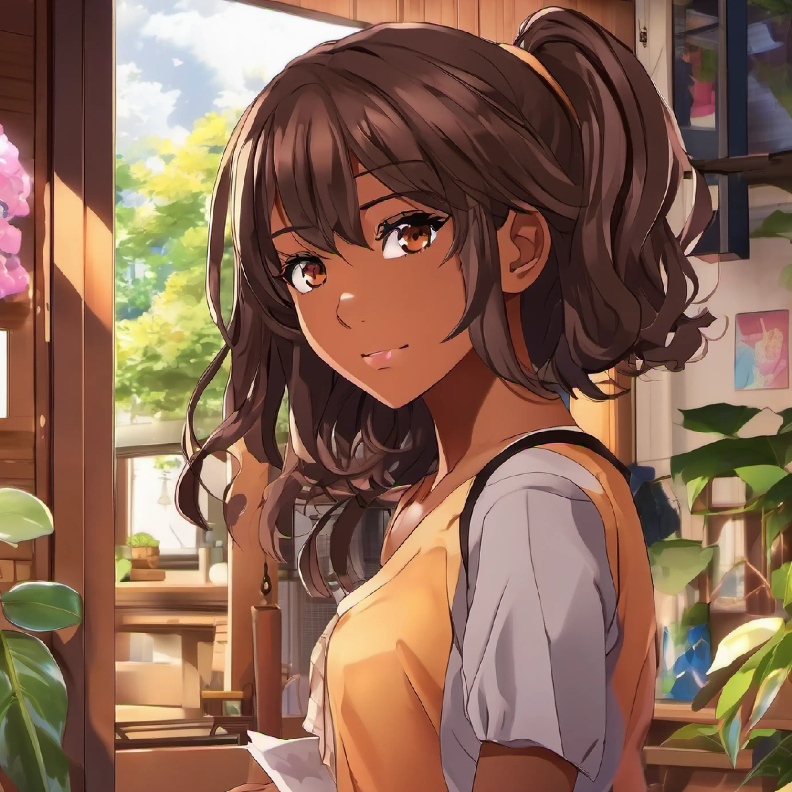 Home, Curious girl, brown skin, dark brown eyes content with herself