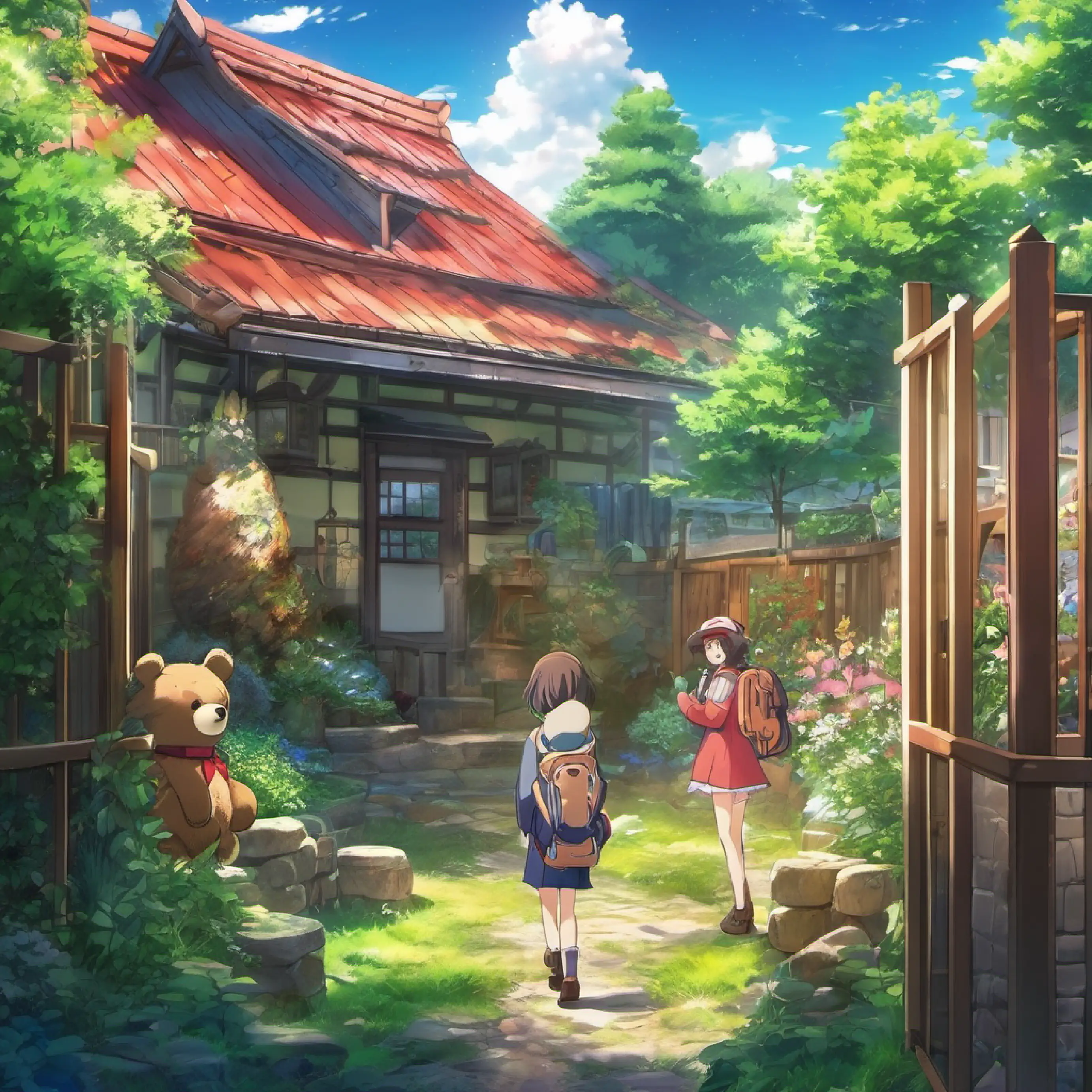 Begin adventure, holding bear, backyard