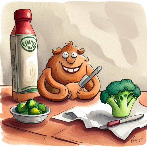 Onion rings and A green broccoli with a friendly smile. chasing the pickle thief