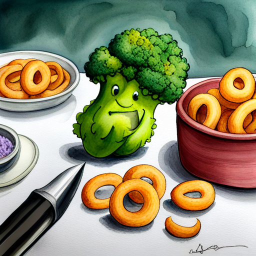 Onion rings, A green broccoli with a friendly smile., and the captured pickle celebrating