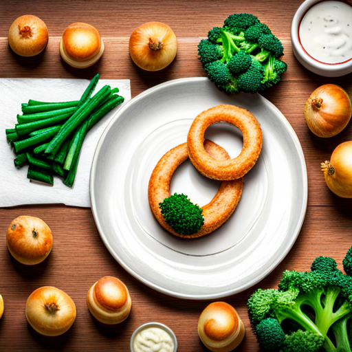 Onion rings and A green broccoli with a friendly smile. triumphantly eating delicious dip