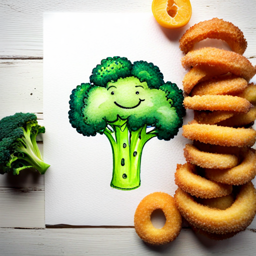 Onion rings and A green broccoli with a friendly smile. sharing dip with smiling vegetables