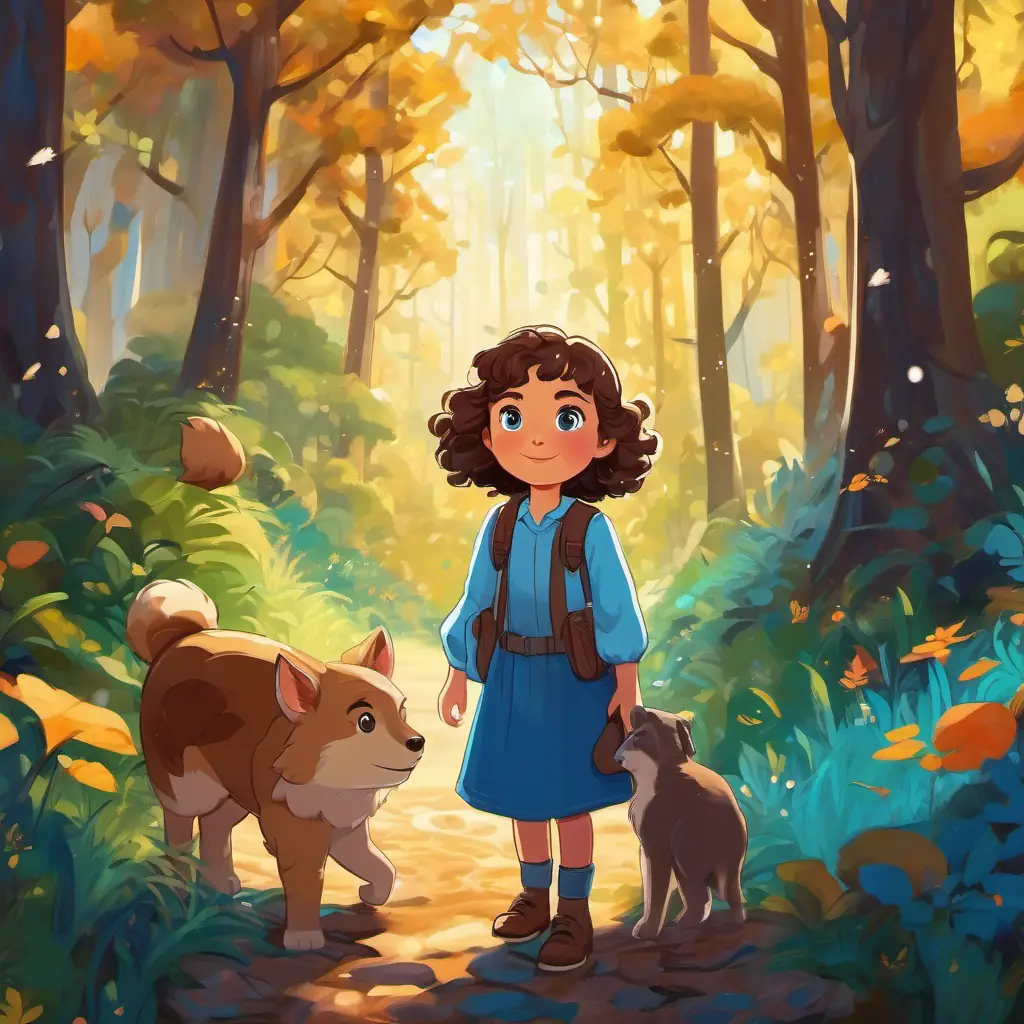 Curly brown hair, bright blue eyes, adventurous and curious girl standing in a forest with talking animals and sparkling trees