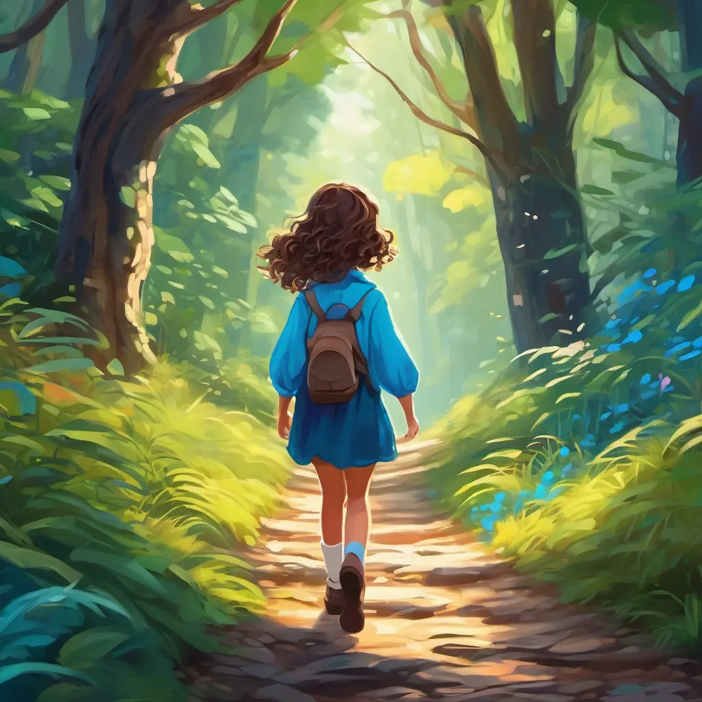 Curly brown hair, bright blue eyes, adventurous and curious girl walking on a path through the magical forest