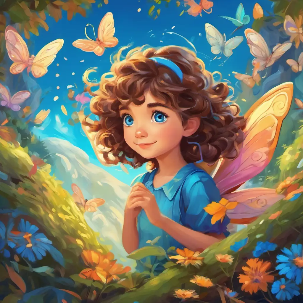 Curly brown hair, bright blue eyes, adventurous and curious girl surrounded by friendly fairies with colorful wings