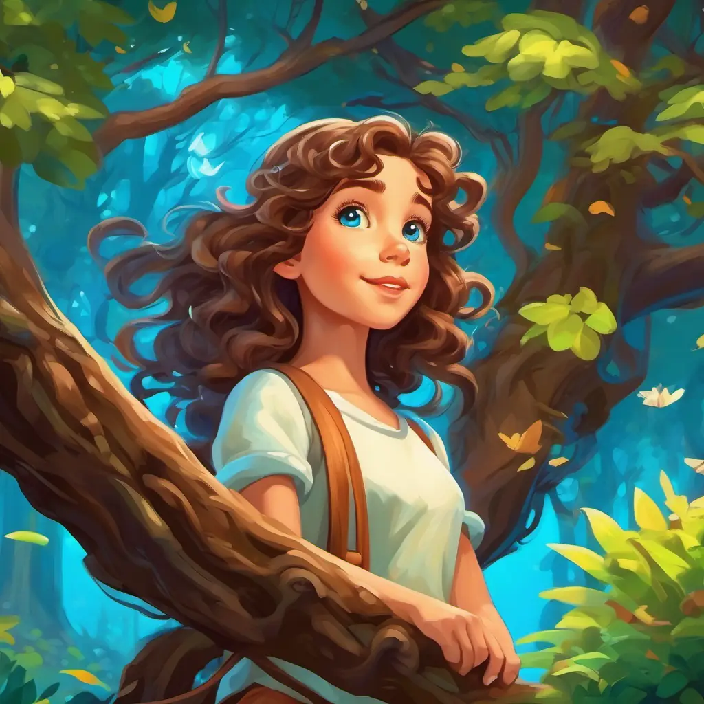 Curly brown hair, bright blue eyes, adventurous and curious girl and fairies crossing brooks and climbing trees in the magical forest