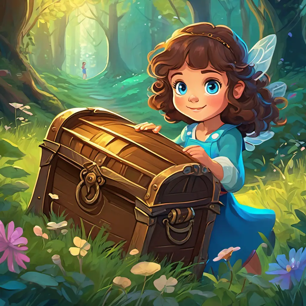 Curly brown hair, bright blue eyes, adventurous and curious girl and fairies finding a treasure chest in a magical clearing