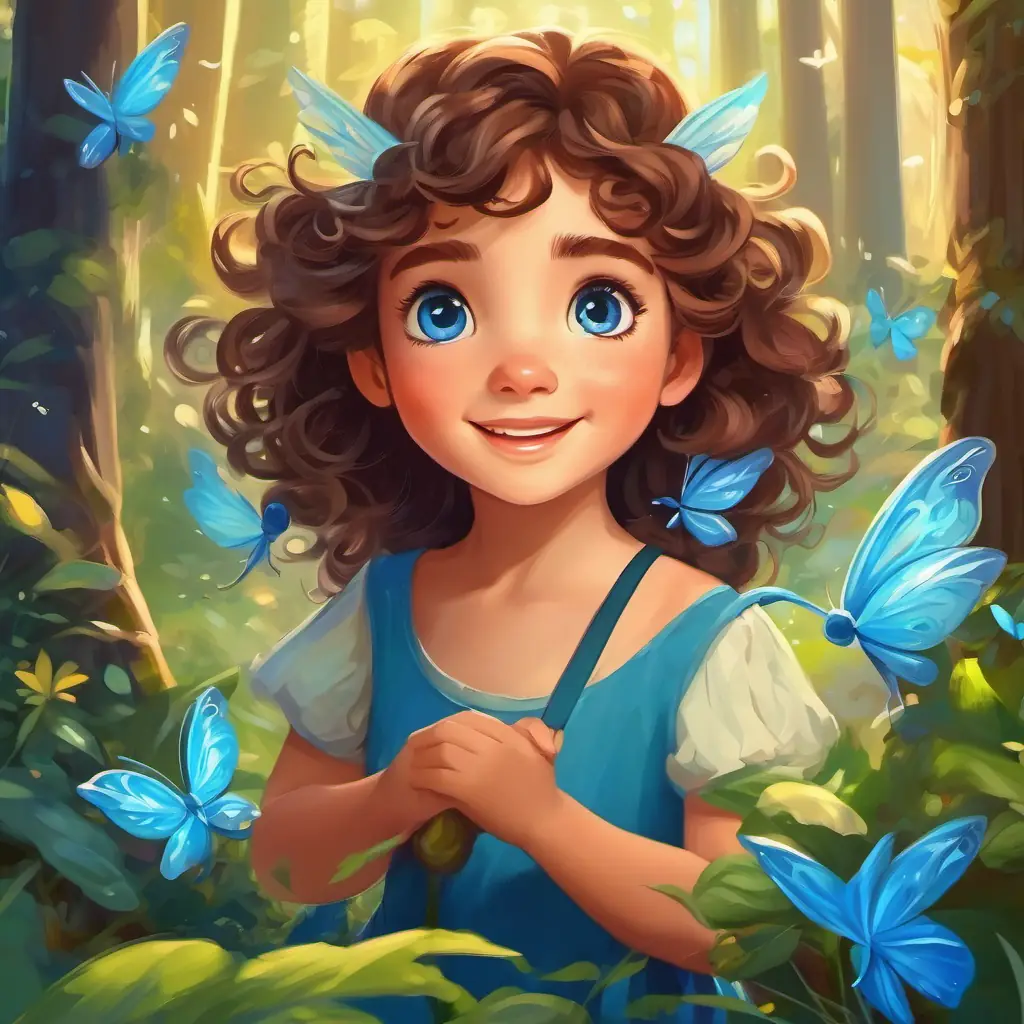 Curly brown hair, bright blue eyes, adventurous and curious girl and fairies celebrating in the magical forest