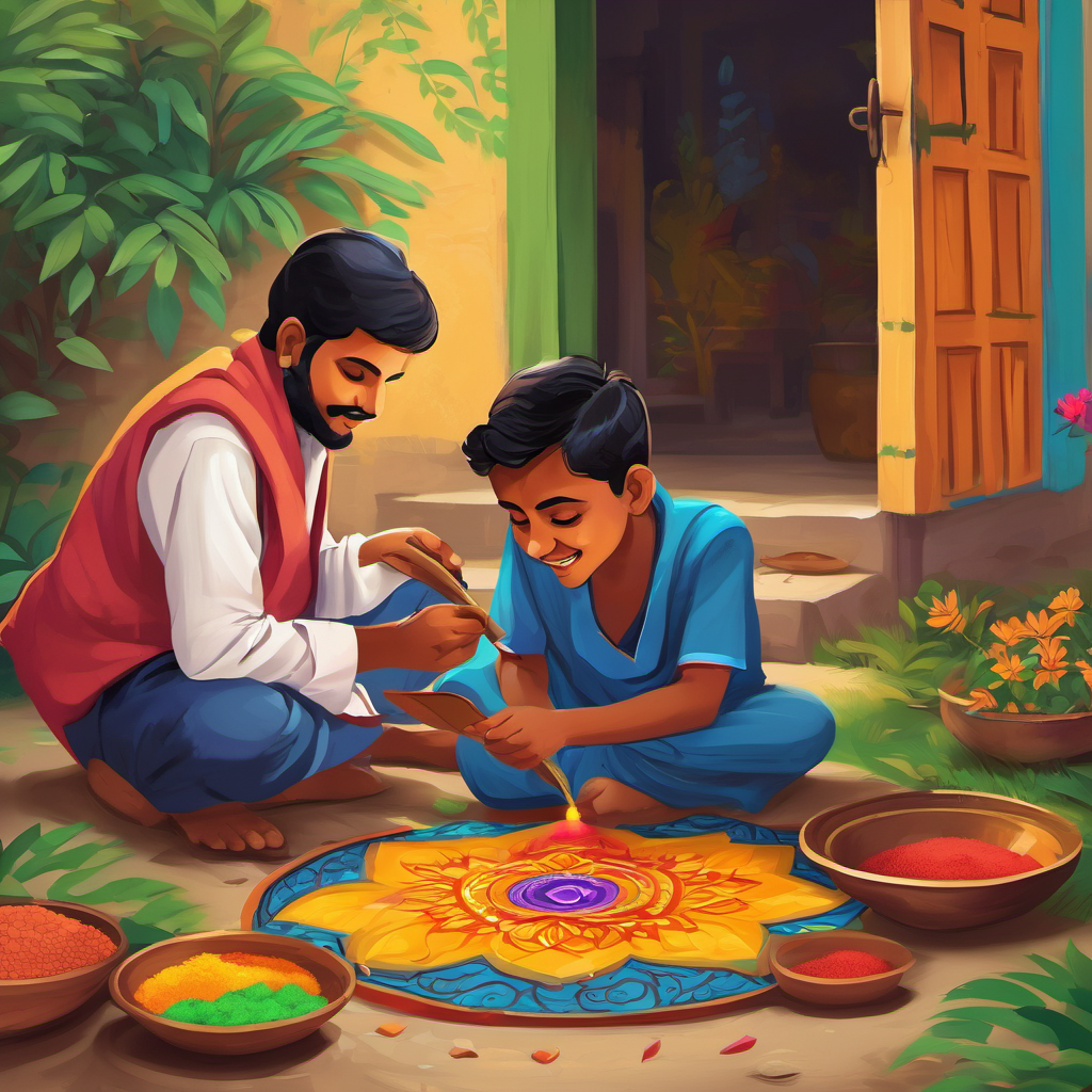 One sunny day, as the month of April approached, Bashir noticed his elders preparing for Pohela Boishakh. They were decorating their houses with colorful flowers, hand-painting designs called "alpana" on the ground, and making mouth-watering sweets like "pitha". Curiosity sparked within Bashir, and he joined his family to observe and assist with the preparations. His grandmother taught him how to make "rangolis" and paint them in bright colors. His grandfather told him ancient stories about their ancestors and how Pohela Boishakh united the community.