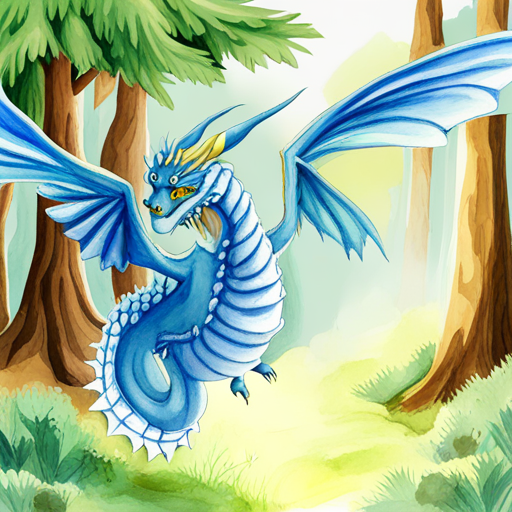 Friendly blue dragon with big wings, smiling face flying into a magical forest