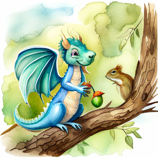 Friendly blue dragon with big wings, smiling face meeting Talking squirrel with a friendly expression, holding acorns the talking squirrel