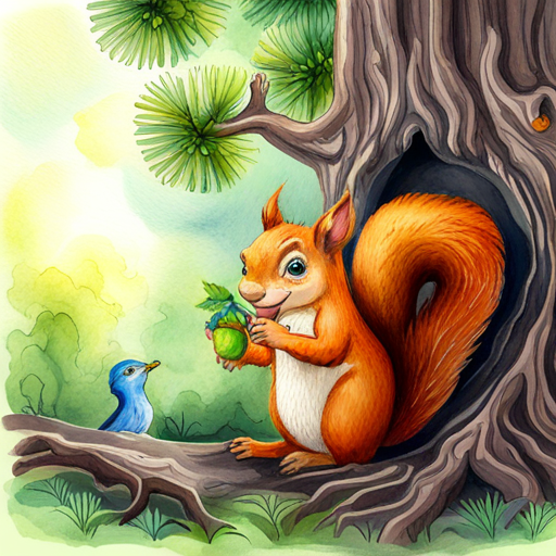 Talking squirrel with a friendly expression, holding acorns telling Friendly blue dragon with big wings, smiling face about the magical tree