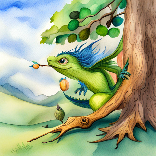 Friendly blue dragon with big wings, smiling face and Talking squirrel with a friendly expression, holding acorns searching for the magical tree