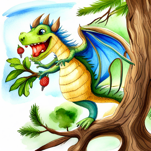 Friendly blue dragon with big wings, smiling face and Talking squirrel with a friendly expression, holding acorns finding the magical tree