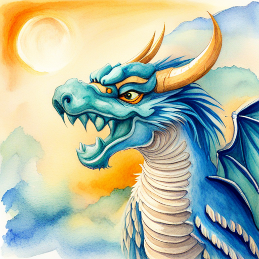 Friendly blue dragon with big wings, smiling face wishing for peace and happiness
