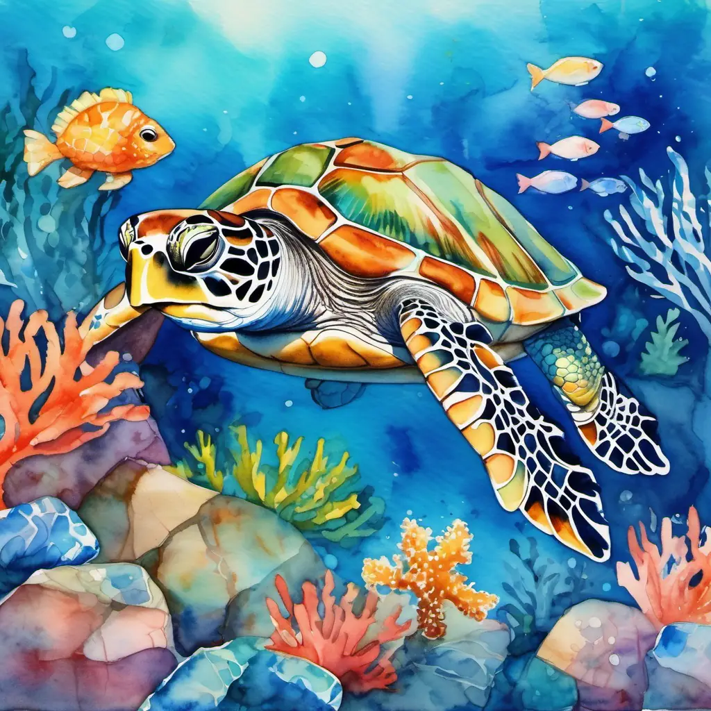 Baby turtle with a small shell and friendly eyes and Small fish with shimmering blue scales, the small fish, talking near the colorful coral reef.